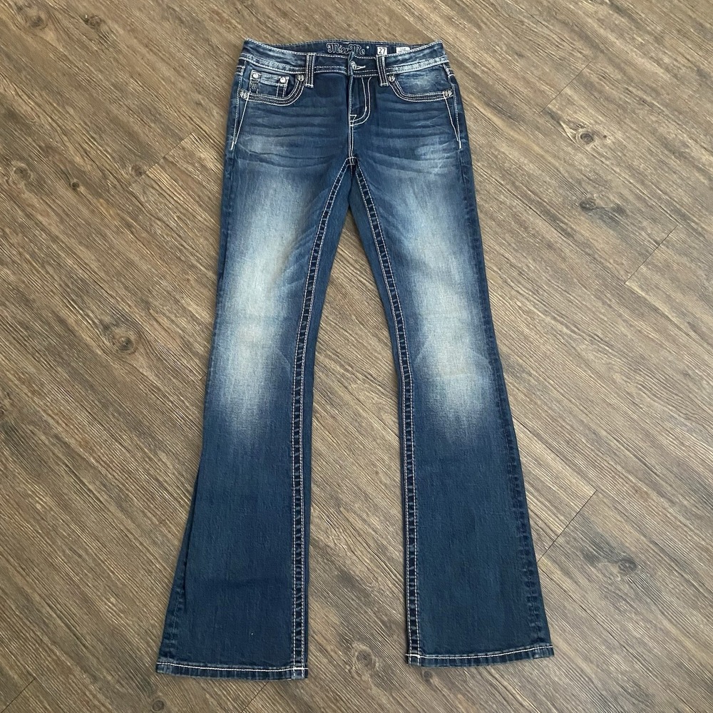 Miss Me Jeans Chloe Boot Rhinestone Leather Sequin Stitch Pocket Size 27 - Picture 2 of 10